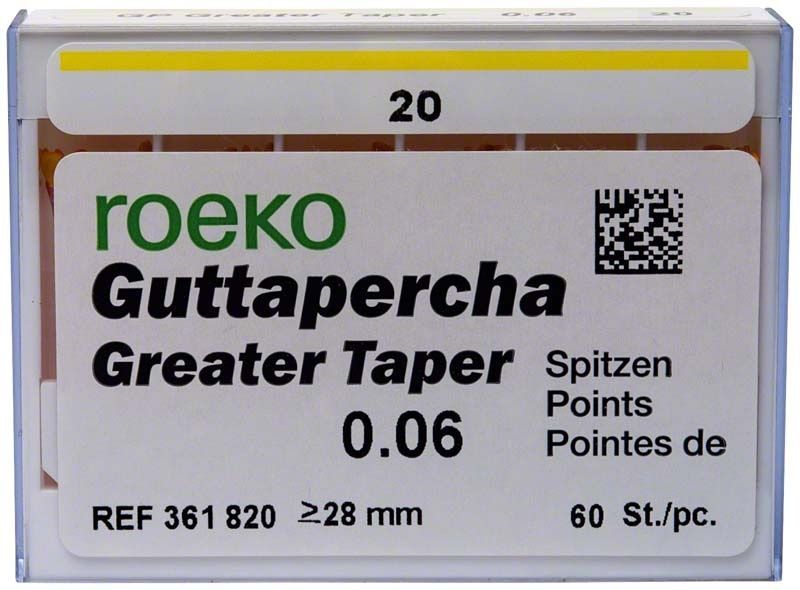 ROEKO Greater Taper Guttapercha-Spitzen 6% Gr. 020 in gelber Verpackung.