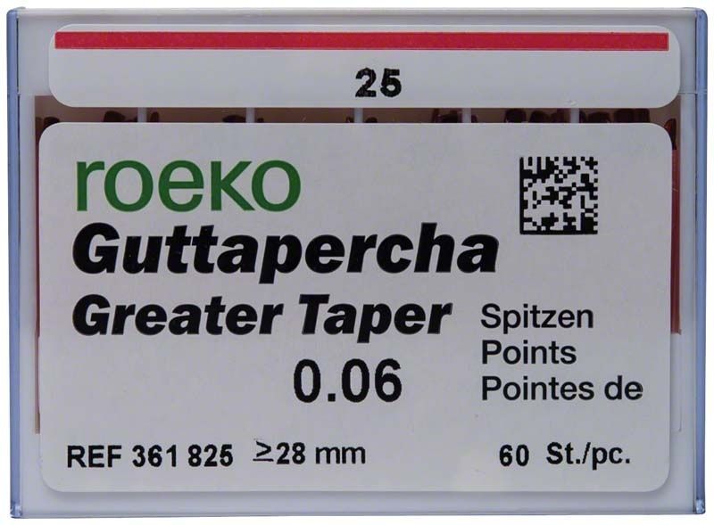 ROEKO Greater Taper Guttapercha-Spitzen 6% Gr. 025 in Kunststoffbox.