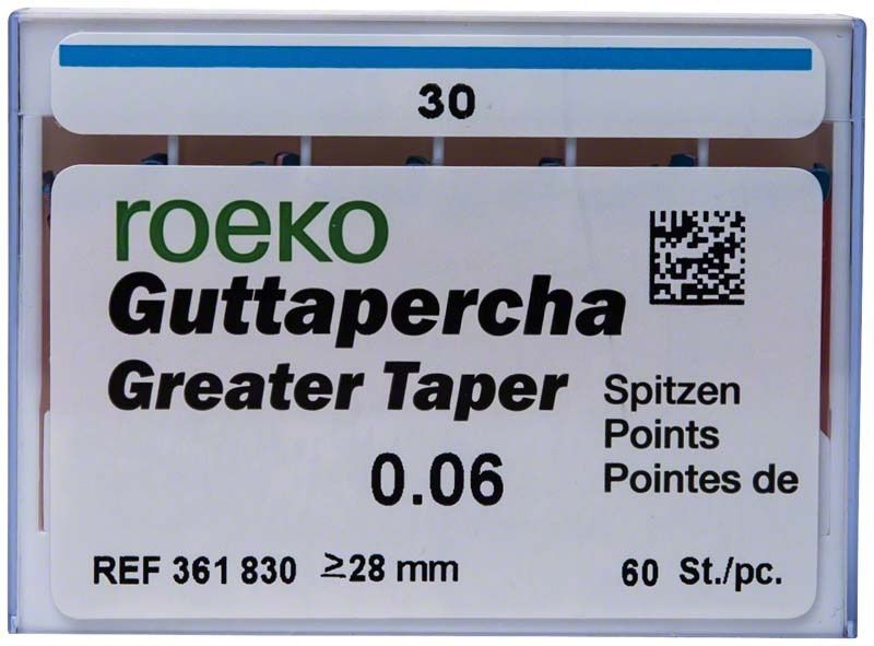 Roeko Guttapercha Greater Taper Spitzen 6% Gr. 030 blau in Verpackung.