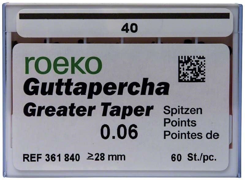 ROEKO Greater Taper Guttapercha-Spitzen 6% Gr. 040 in Verpackung.