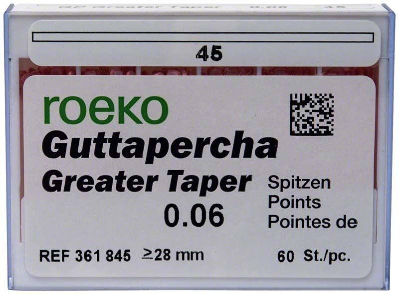 ROEKO Greater Taper Guttapercha-Spitzen 6% Gr. 045 in Verpackung.
