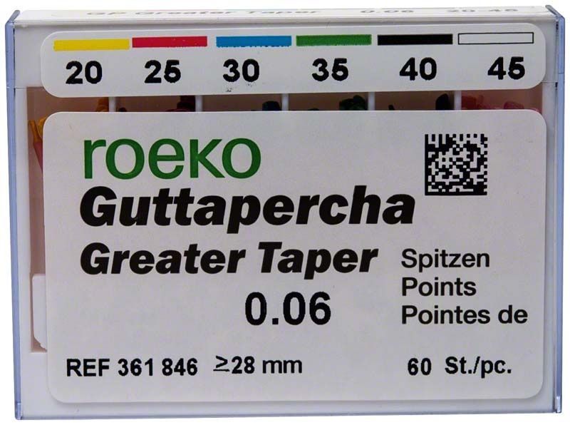 Roeko Greater Taper Guttapercha-Spitzen 6% in Größen 020-045, gelb-weiß.