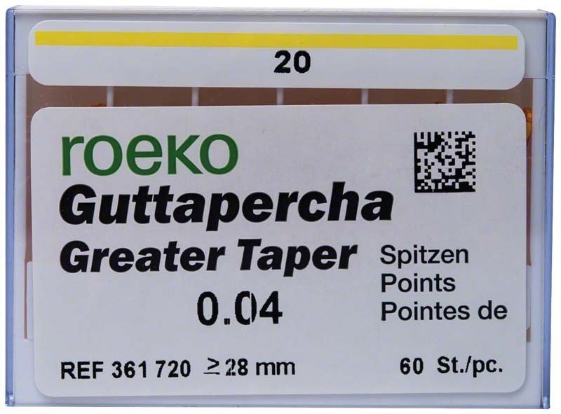 ROEKO Greater Taper Guttapercha-Spitzen 4% Gr. 020 Verpackung mit 60 Stück.
