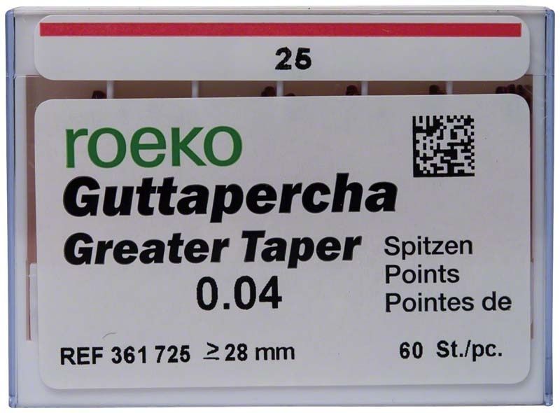 ROEKO Greater Taper Guttapercha-Spitzen 4% Gr. 025 in Verpackung.