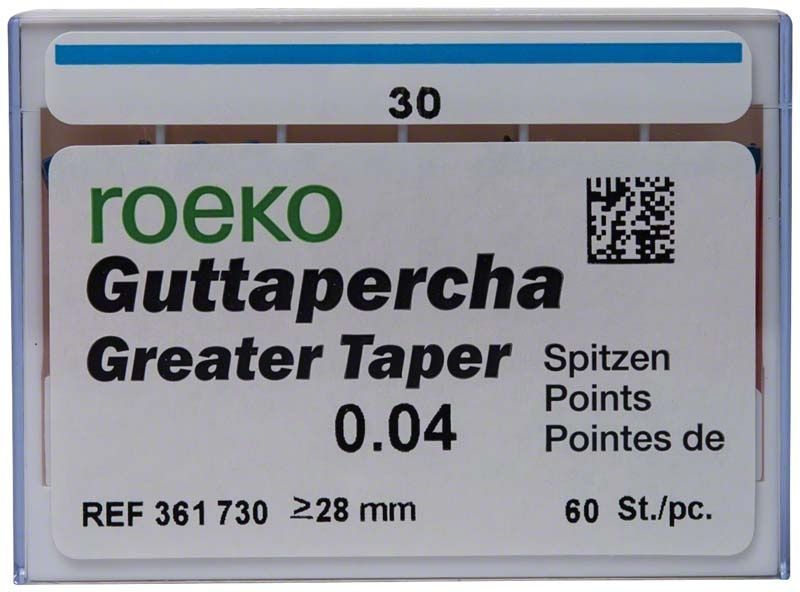 ROEKO Greater Taper Guttapercha-Spitzen 4% Gr. 030 Verpackung.