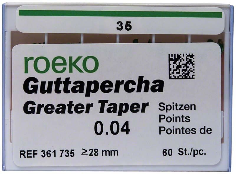 ROEKO Greater Taper Guttapercha-Spitzen 4% Gr. 035 in Verpackung.
