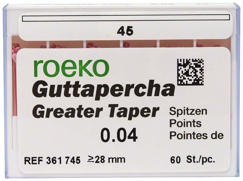 ROEKO Greater Taper Guttapercha-Spitzen 4% Gr. 045 in Verpackung.