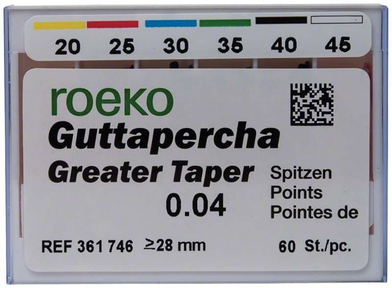 ROEKO Greater Taper Guttapercha-Spitzen mit 4% Taper, Größe 020-045, gelb-weiß.