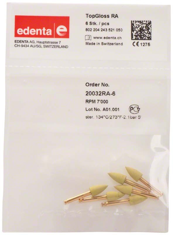 Transparente Verpackung mit TopGloss Polierer RA 20039, sechs Stück.