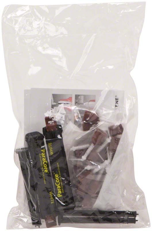 ParaCore Automix weiß Refill in transparenter Verpackung mit Zubehör.