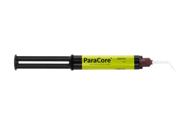 ParaCore Automix Spritze mit gelber Beschriftung und Dentinaufsatz.