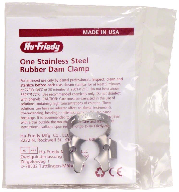 Kofferdam-Klammer aus Edelstahl für obere Molaren auf Verpackung.