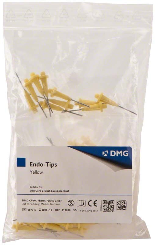 LuxaCore Endo-Tips in gelber Farbe in transparenter Verpackung.