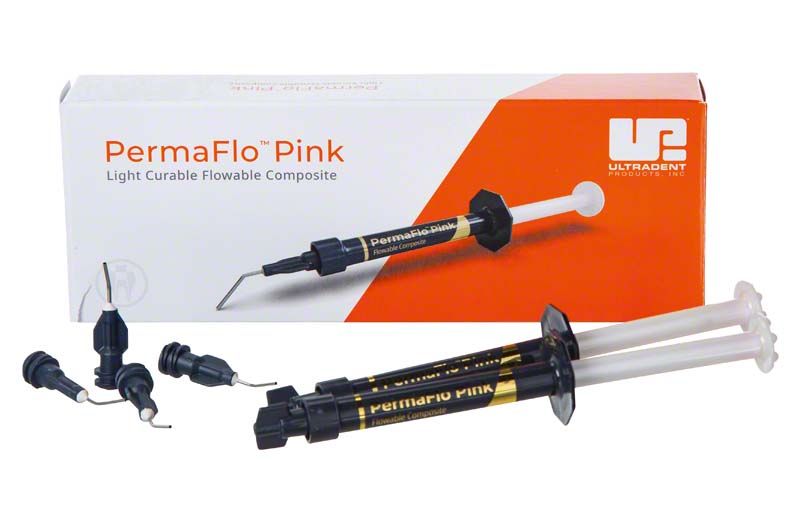 PermaFlo Spritzen Pink mit Verpackung und Zubehörteilen auf weißem Hintergrund.