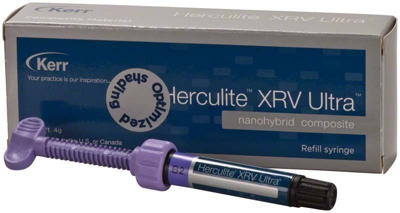 Herculite XRV Ultra Dentin Spritze B2 vor Verpackung mit Aufschrift.