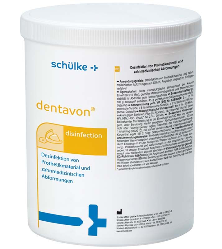 Dentavon 900g Konzentrat für Abdruckdesinfektion mit Messlöffelabbildung auf Verpackung.