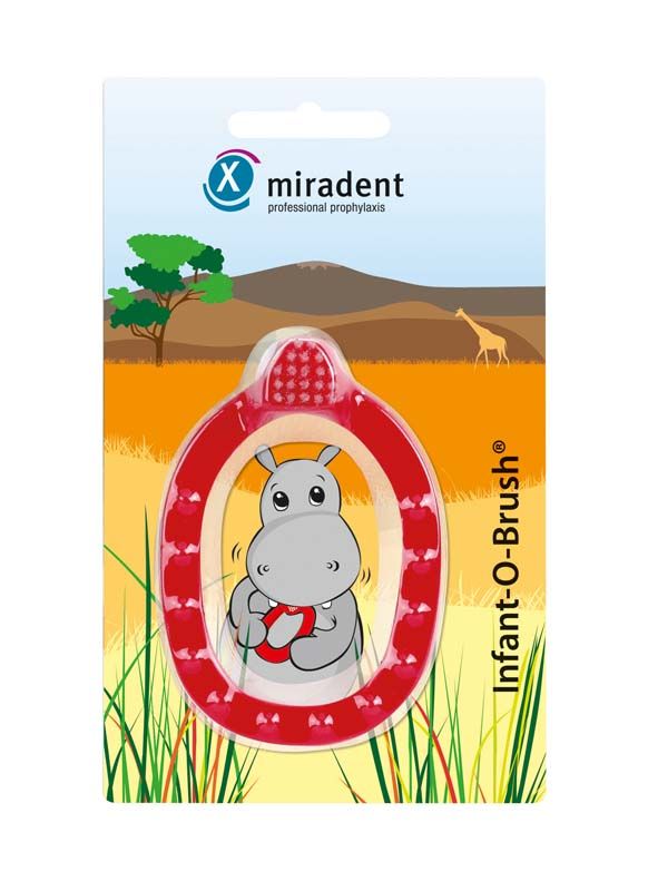 Rote Infant-O-Brush® Babyzahnbürste mit Beißring und Nilpferdmotiv auf Verpackung.