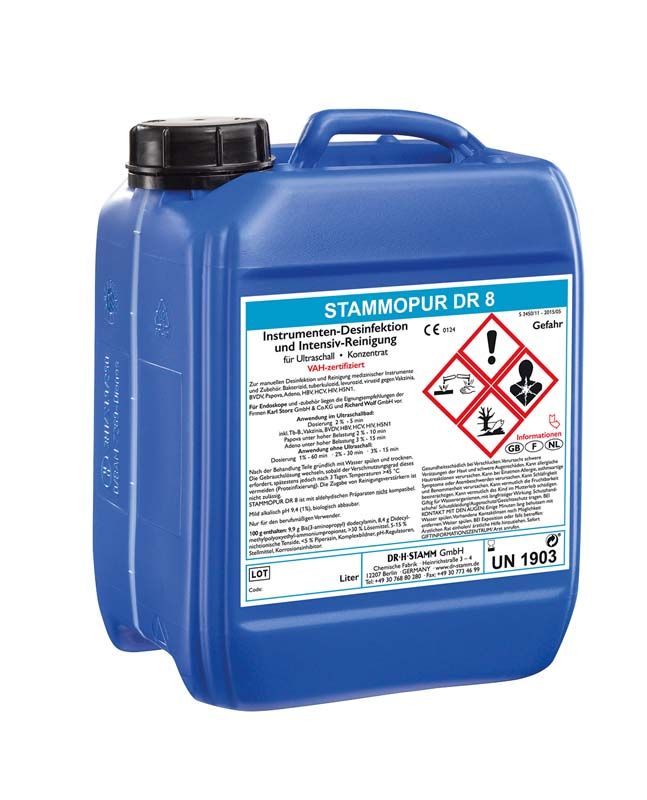 Stammopur DR 8 5-Liter-Kanister zur Ultraschallreinigung in blauem Behälter.