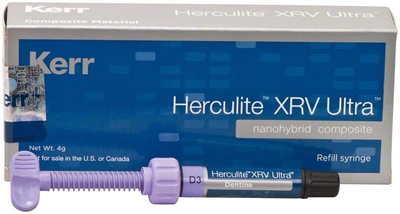 Lila Herculite XRV Ultra Dentin Spritze D3 vor Verpackung.