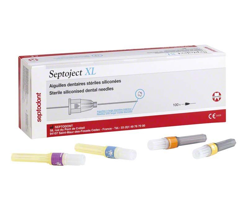 Septoject XL sterile zahnärztliche Einmalkanülen, Verpackung mit 100 Stück.