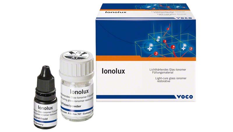 Ionolux® Pulver/Flüssigkeit A2 Glasionomer-Füllungsmaterial mit Verpackung.