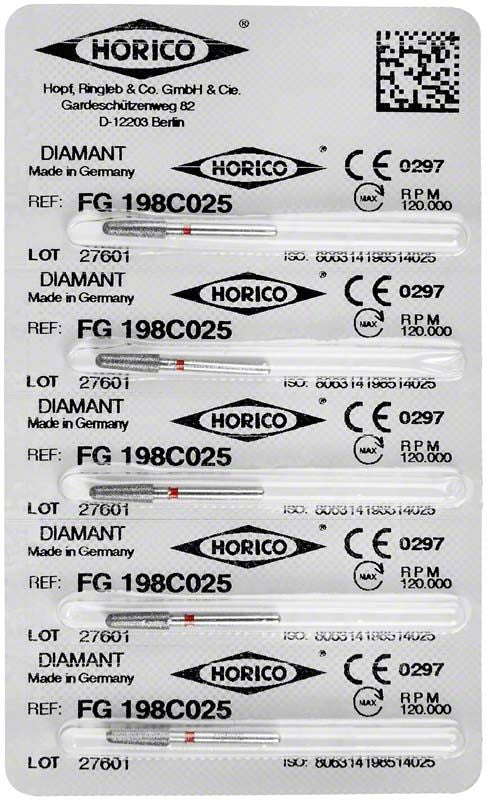 Blisterverpackung mit Diamant FG 198C 025 Schleifinstrumenten von Horico.