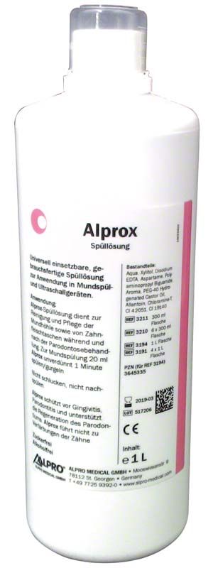 Alprox 1 Liter Mundspüllösung, weiße Flasche mit Etikett und Dosierkappe.