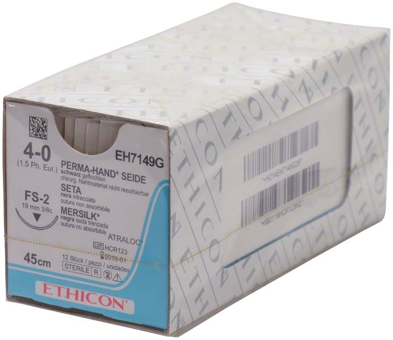 Nicht resorbierbares, schwarzes, geflochtenes Nahtmaterial PH-Seide in Einzelverpackungen.