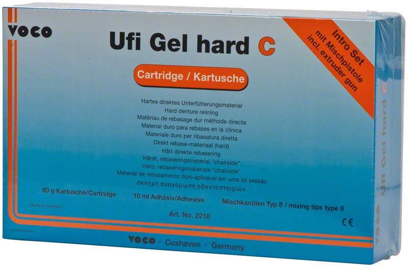 Ufi Gel hard C Set in orange-blauer Verpackung mit Dispenser.