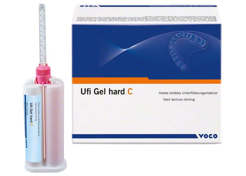 Ufi Gel® hard C Kartusche und Verpackung für Prothesenunterfütterung.