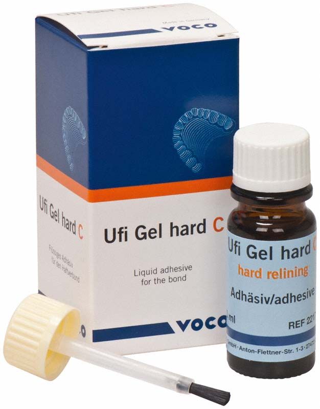Ufi Gel hard C Adhäsivflasche mit Verpackung für Prothesenunterfütterung.