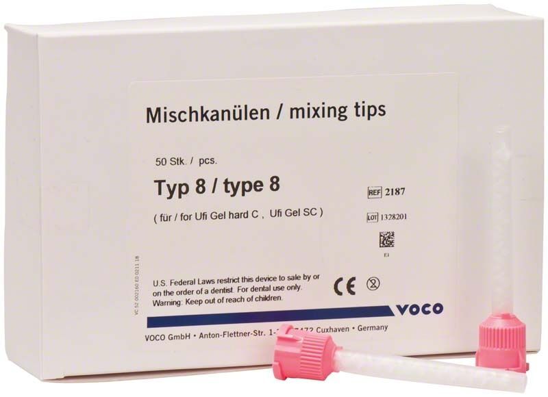 Mischkanülen Typ 8 Verpackung mit zwei pinken Kanülen im Vordergrund.