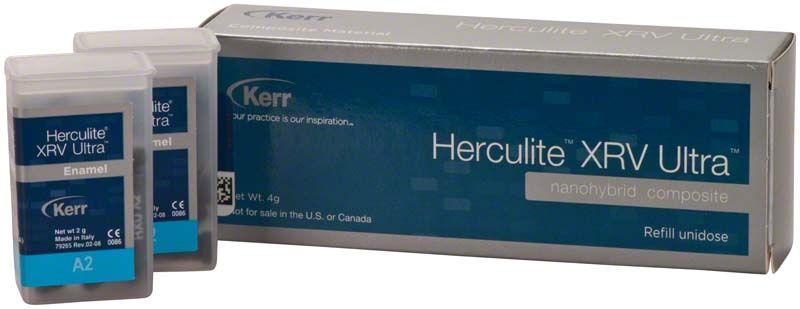 Herculite XRV Ultra Enamel Unidose A2 Verpackung mit zwei Unidose-Behältern.
