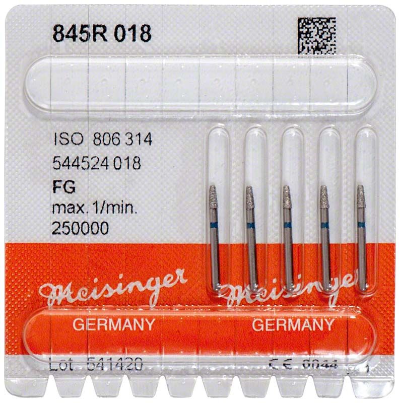 Blauer Diamantbohrer FG 845R 018 in Verpackung mit fünf Bohrern.