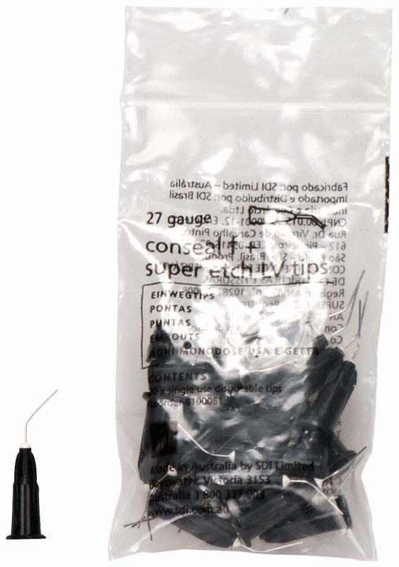 Einwegtips extra-fein von SDI in transparenter Verpackung mit Applikatorspitzen.