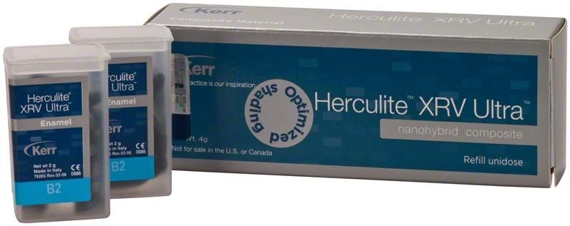Herculite XRV Ultra Enamel Unidose B2 Verpackung mit zwei Einzeldosen.