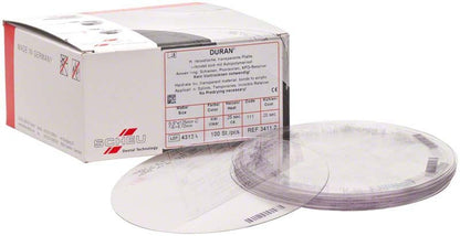 Transparente DURAN® 100er 0,5mm Folien neben Originalverpackung.