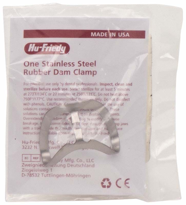 Kofferdam-Klammer aus satinierter Stahl für Frontzähne in Verpackung.