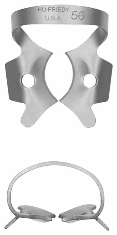 Kofferdam-Klammer Satin Steel Figur 56 für OK/UK Molaren in silberner Ausführung.