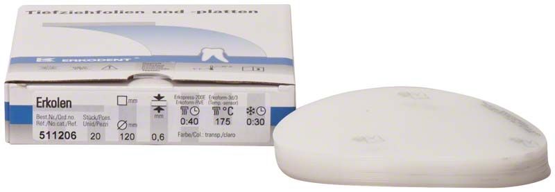 Erkodent Erkolen Tiefziehfolie für dentalen Gebrauch, Verpackung und Folie sichtbar.