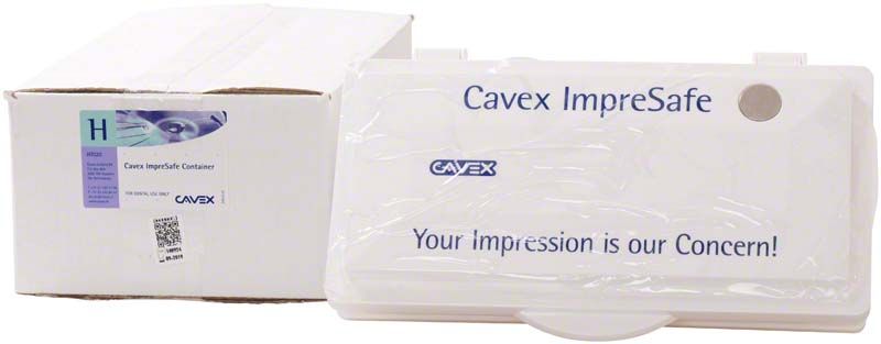 Cavex Impresafe Container vor Verpackung mit Logo und Slogan.
