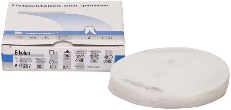 Erkolen Tiefziehfolie, transparent, Ø 120mm x 0,7mm, Verpackung und Produktansicht.