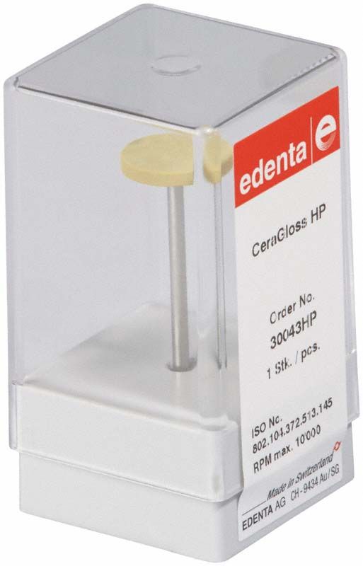 CeraGloss gelb Rad HP in transparenter Verpackung mit edenta-Logo.