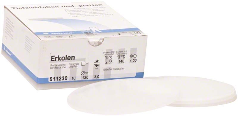 Erkolen-Tiefziehfolien, transparent, elastisch, Ø 120mm x 3,0mm, in Verpackung.