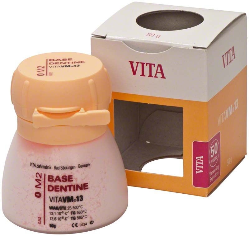 Container mit Vita VM13 3D Base Dentin 50g 0M2 und Verpackung.