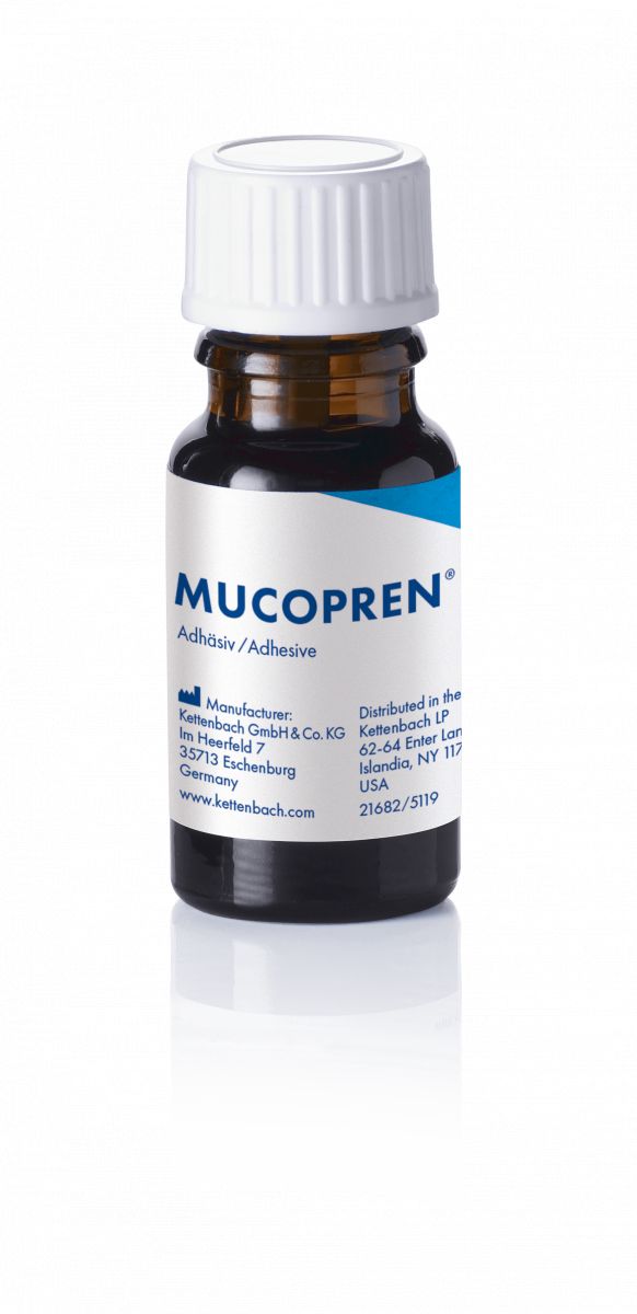 Mucopren Adhäsiv Flasche mit blauer und weißer Etikettierung