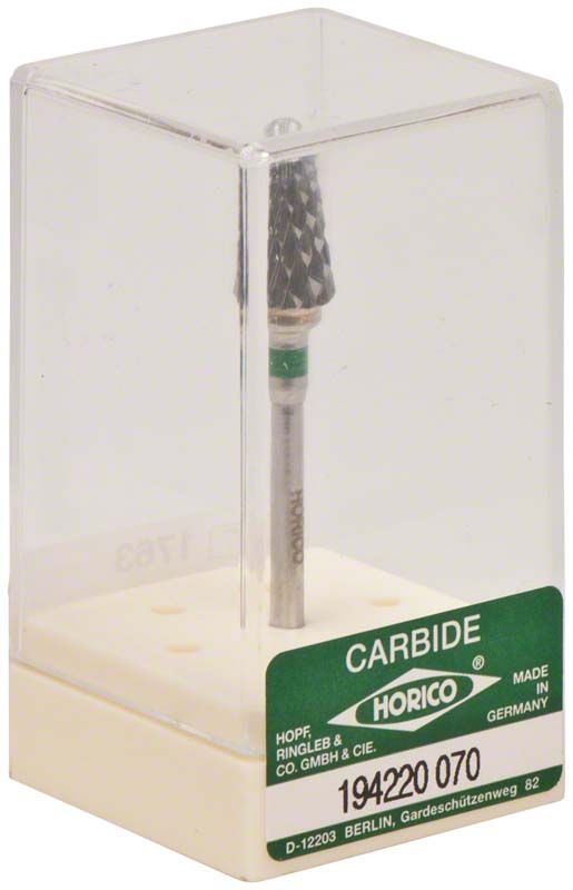 Hartmetallfräser Kreuzverzahnung in transparenter Verpackung mit grünem Ring.