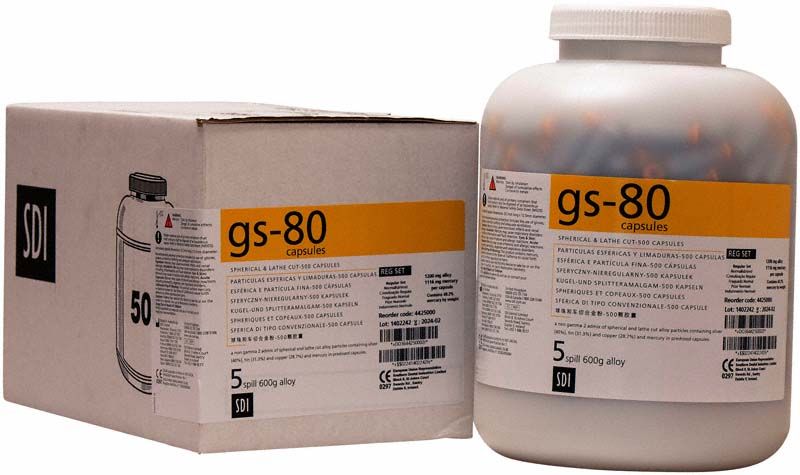 Große Flasche und Verpackung der GS-80 Kapseln Gr. 5 regular 500er.