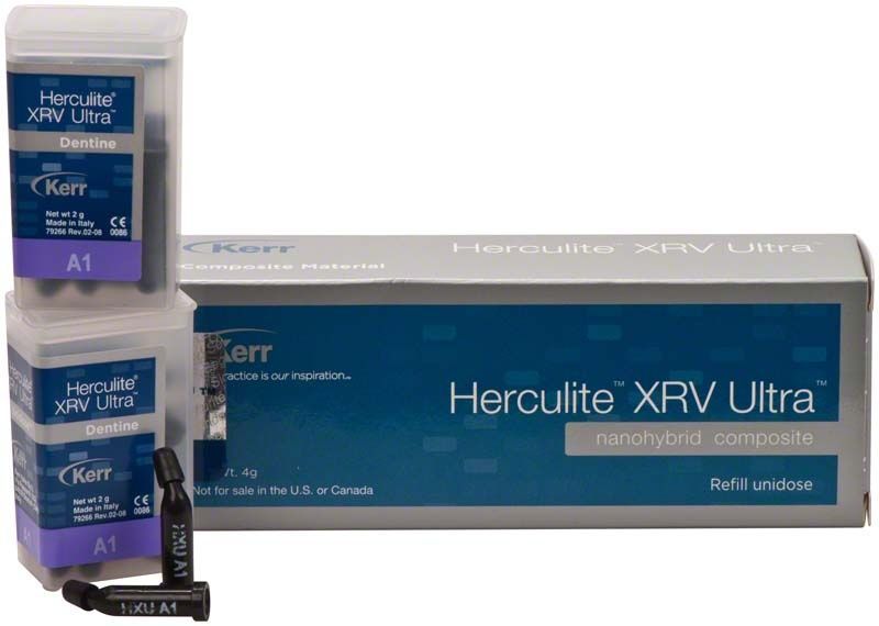 Herculite XRV Ultra Dentin Unidose A1 Verpackung mit Kompositmaterial.
