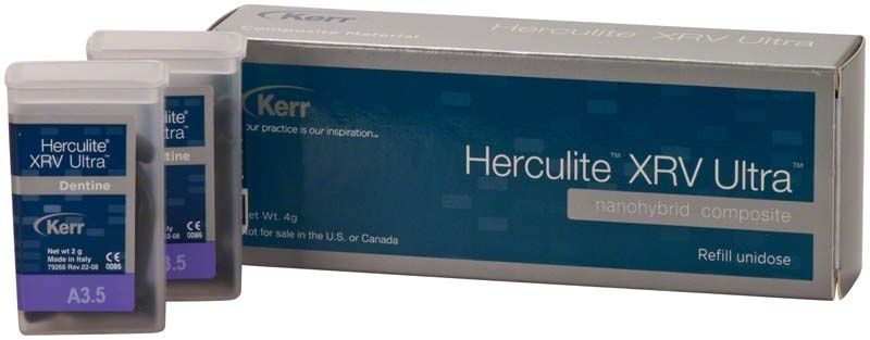 Herculite XRV Ultra Dentin Unidose A3,5 mit Verpackung und Einzelkapseln.